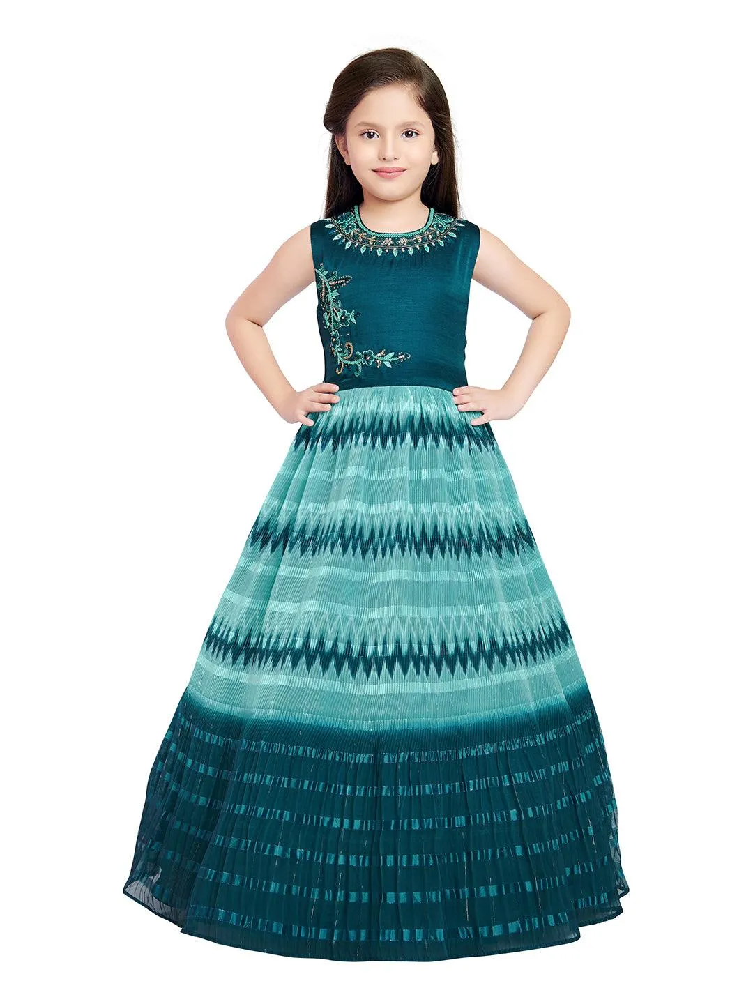 Blue Coloured Ethnic Gown Maxi Dress Chinon Fabric Gown For Girls