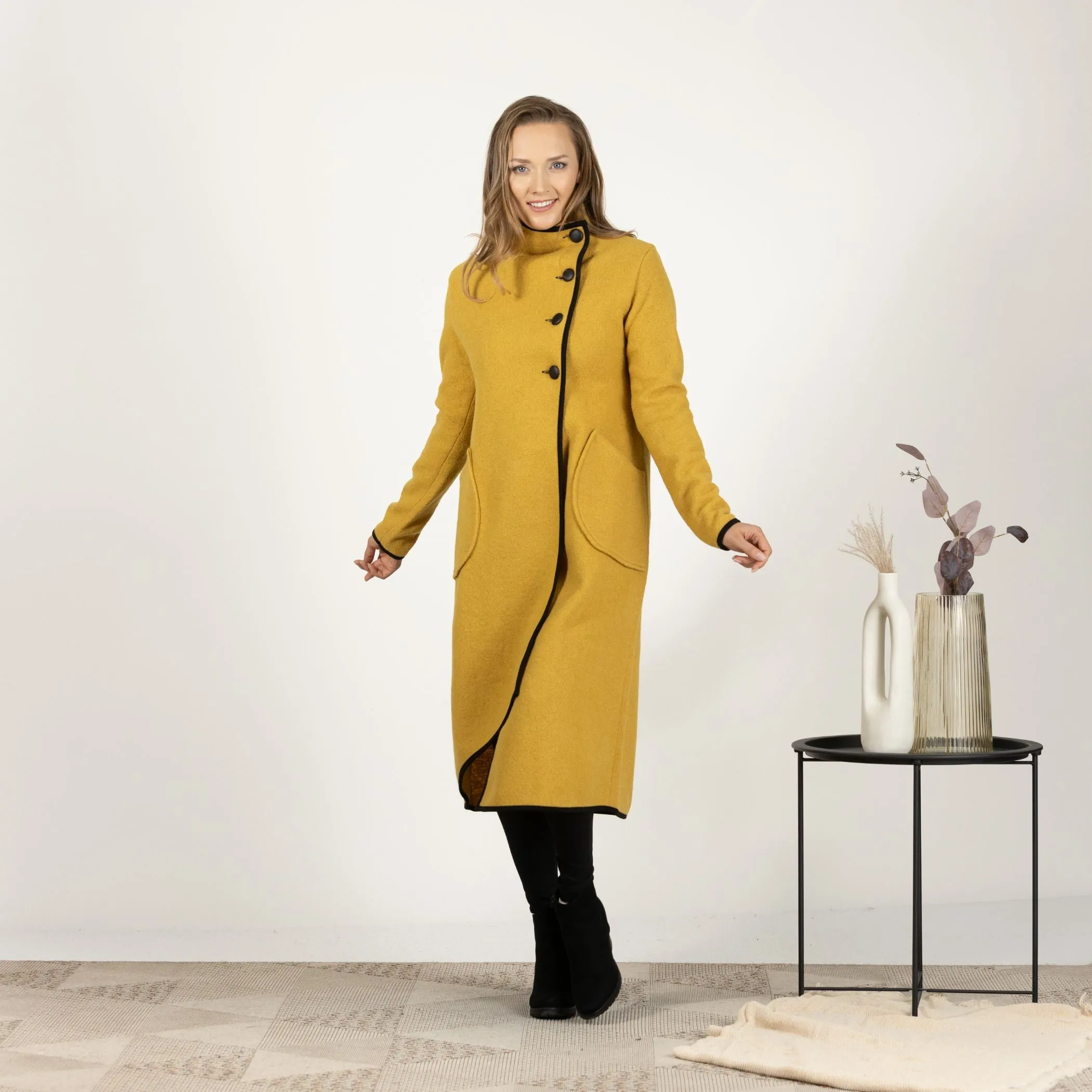 Charcoal Boiled Wool Coat with Pockets
