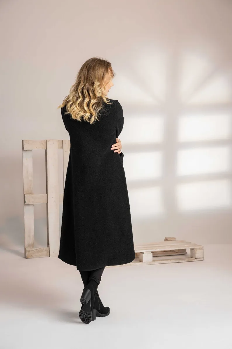 Charcoal Boiled Wool Coat with Pockets