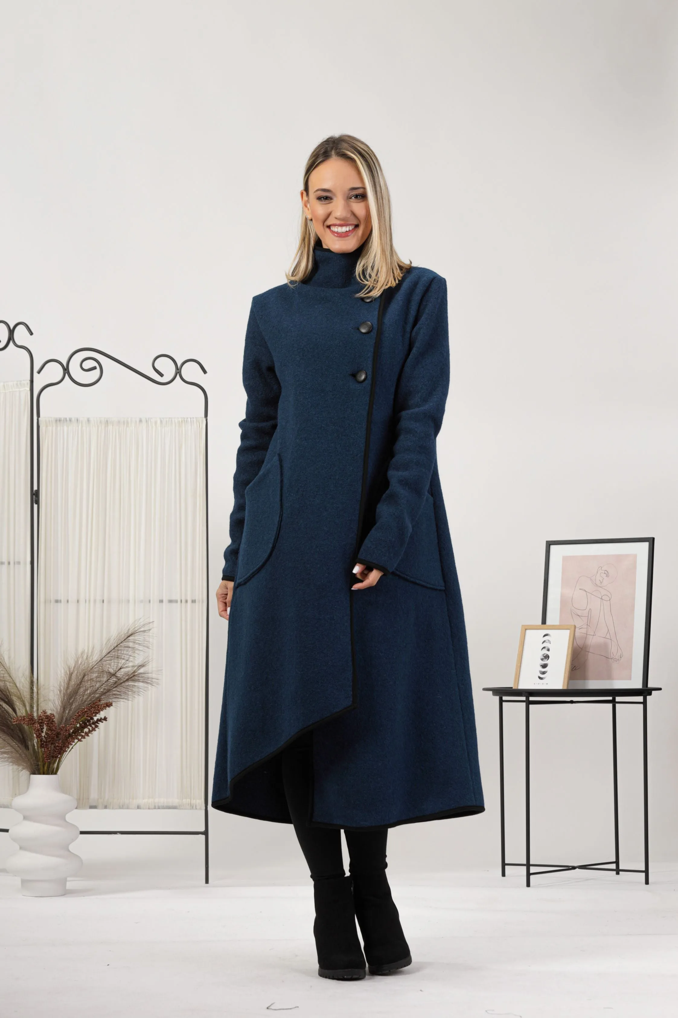 Charcoal Boiled Wool Coat with Pockets