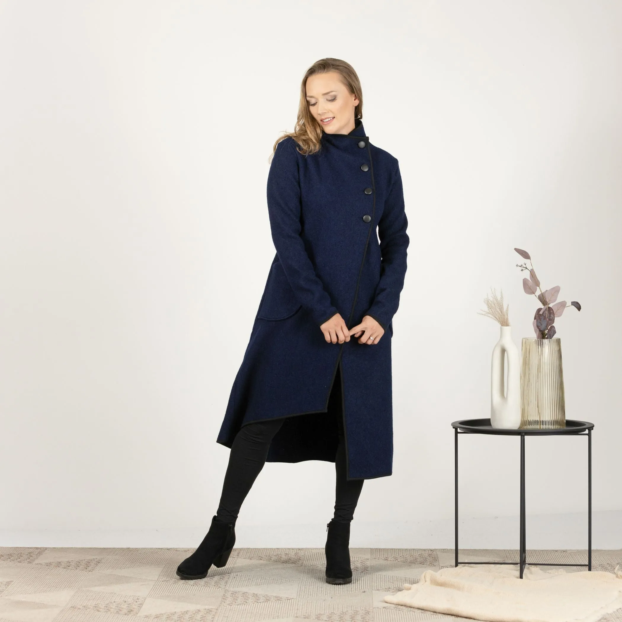 Charcoal Boiled Wool Coat with Pockets