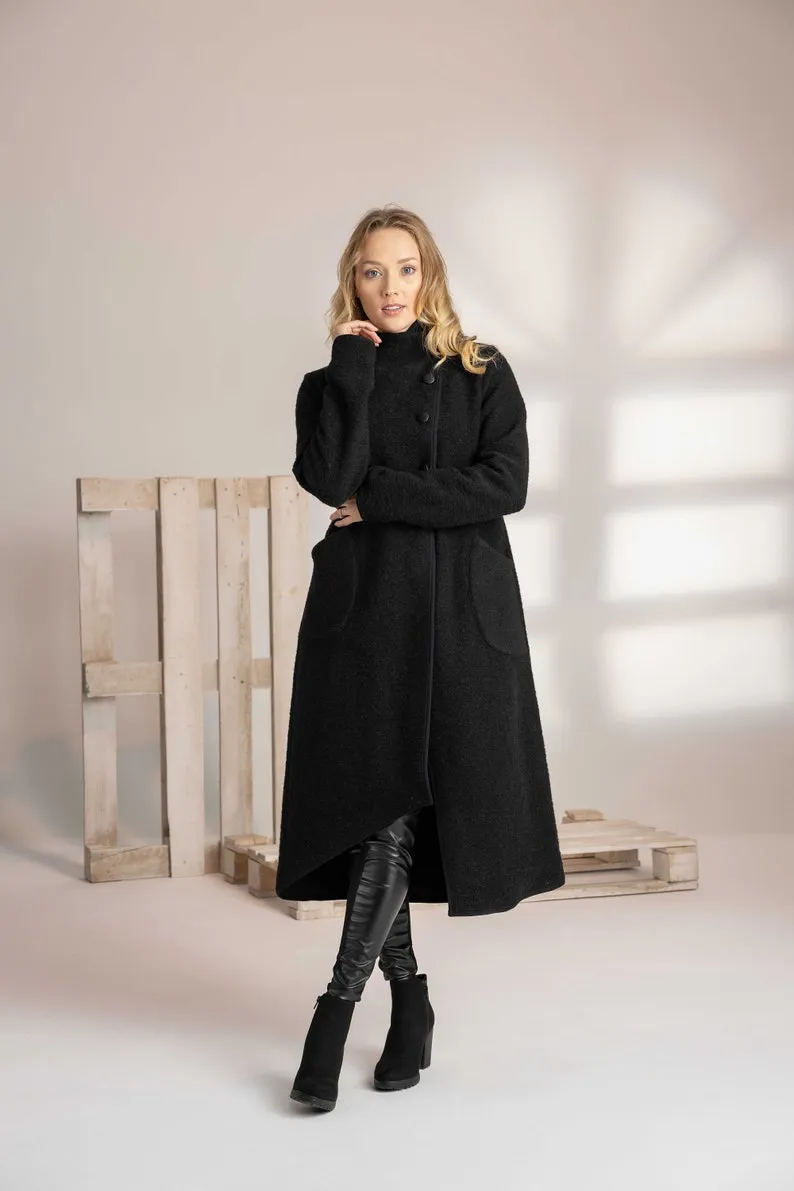 Charcoal Boiled Wool Coat with Pockets