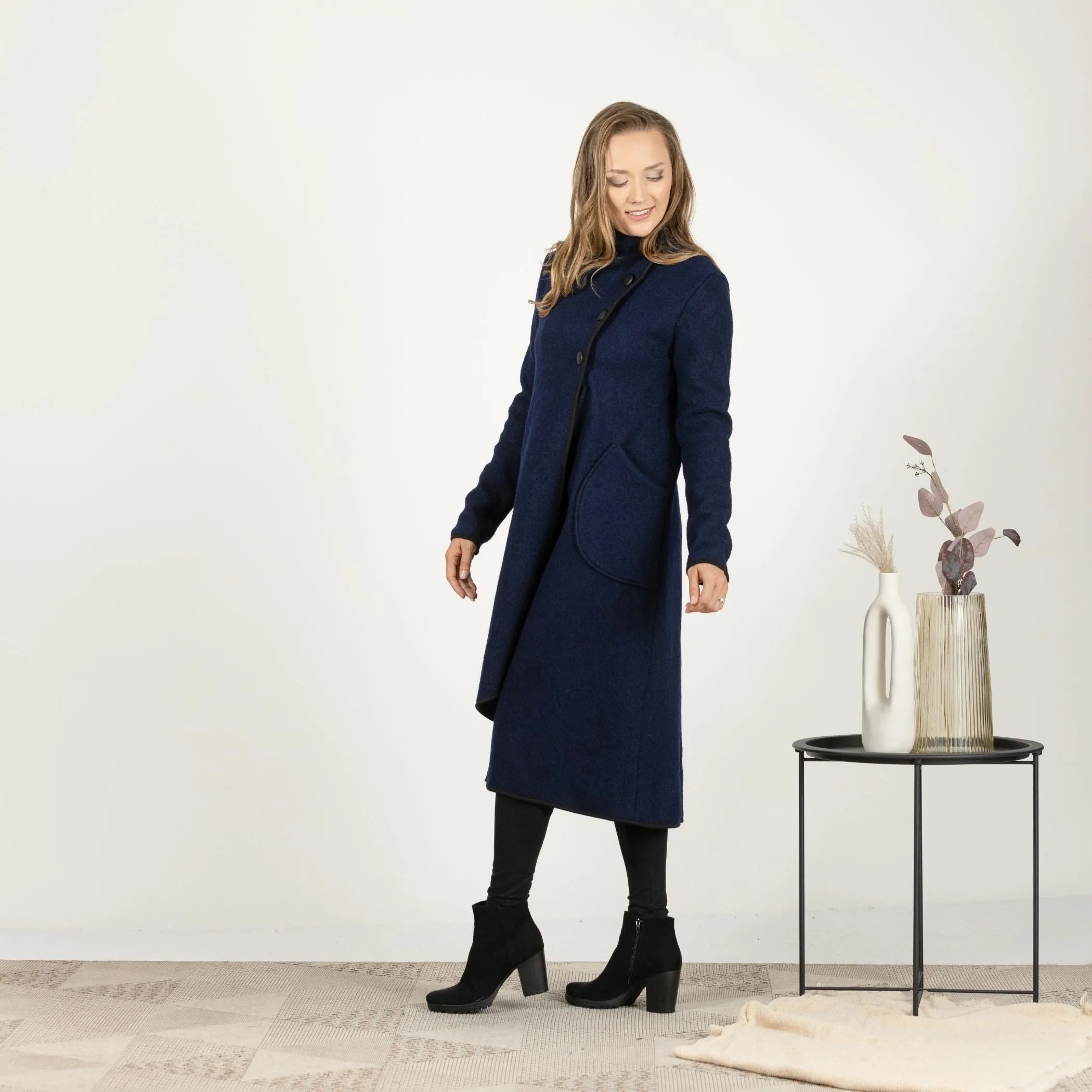 Charcoal Boiled Wool Coat with Pockets