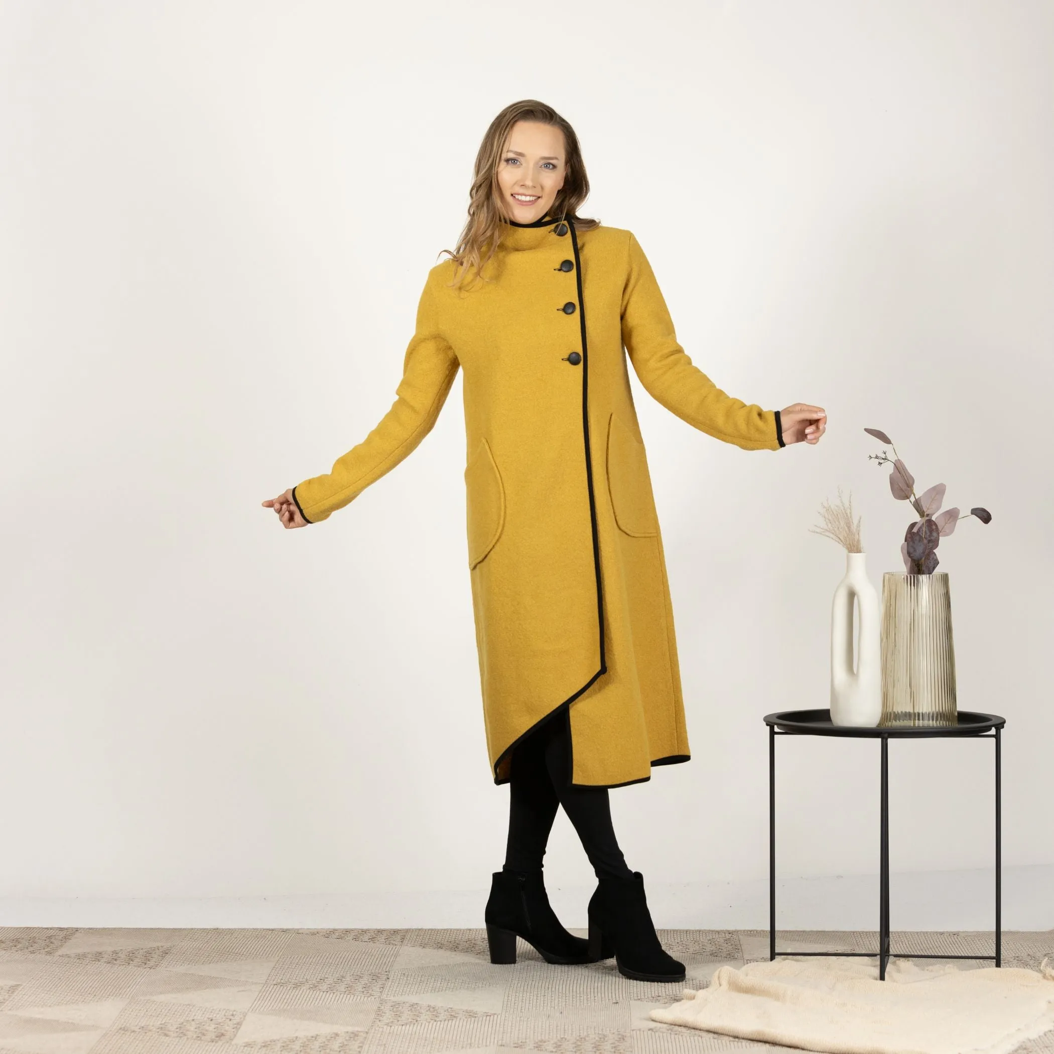 Charcoal Boiled Wool Coat with Pockets