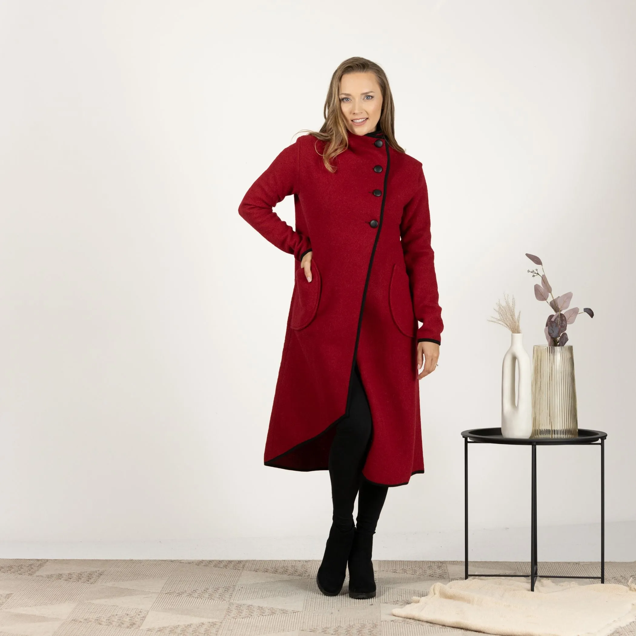 Charcoal Boiled Wool Coat with Pockets