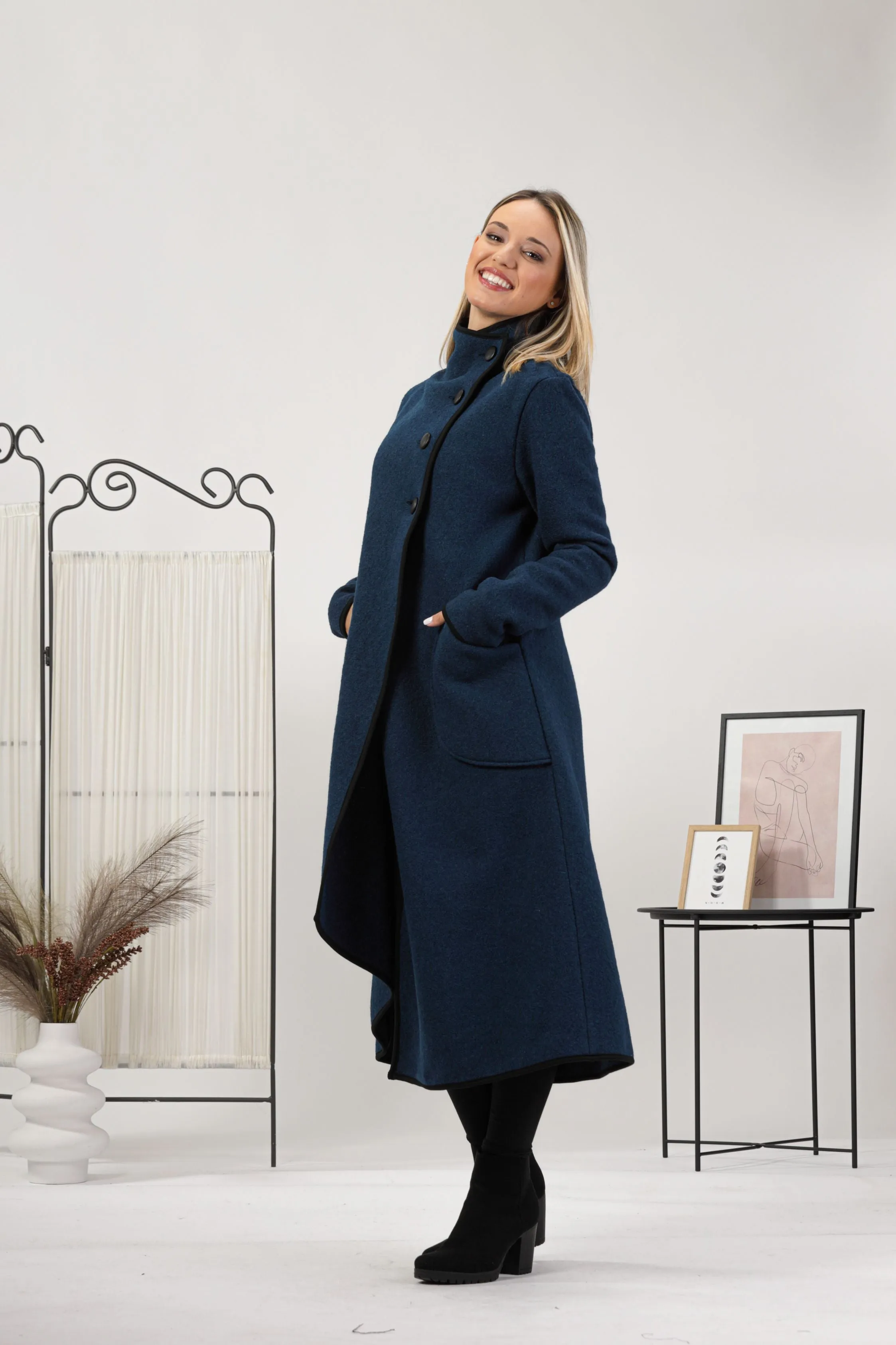 Charcoal Boiled Wool Coat with Pockets