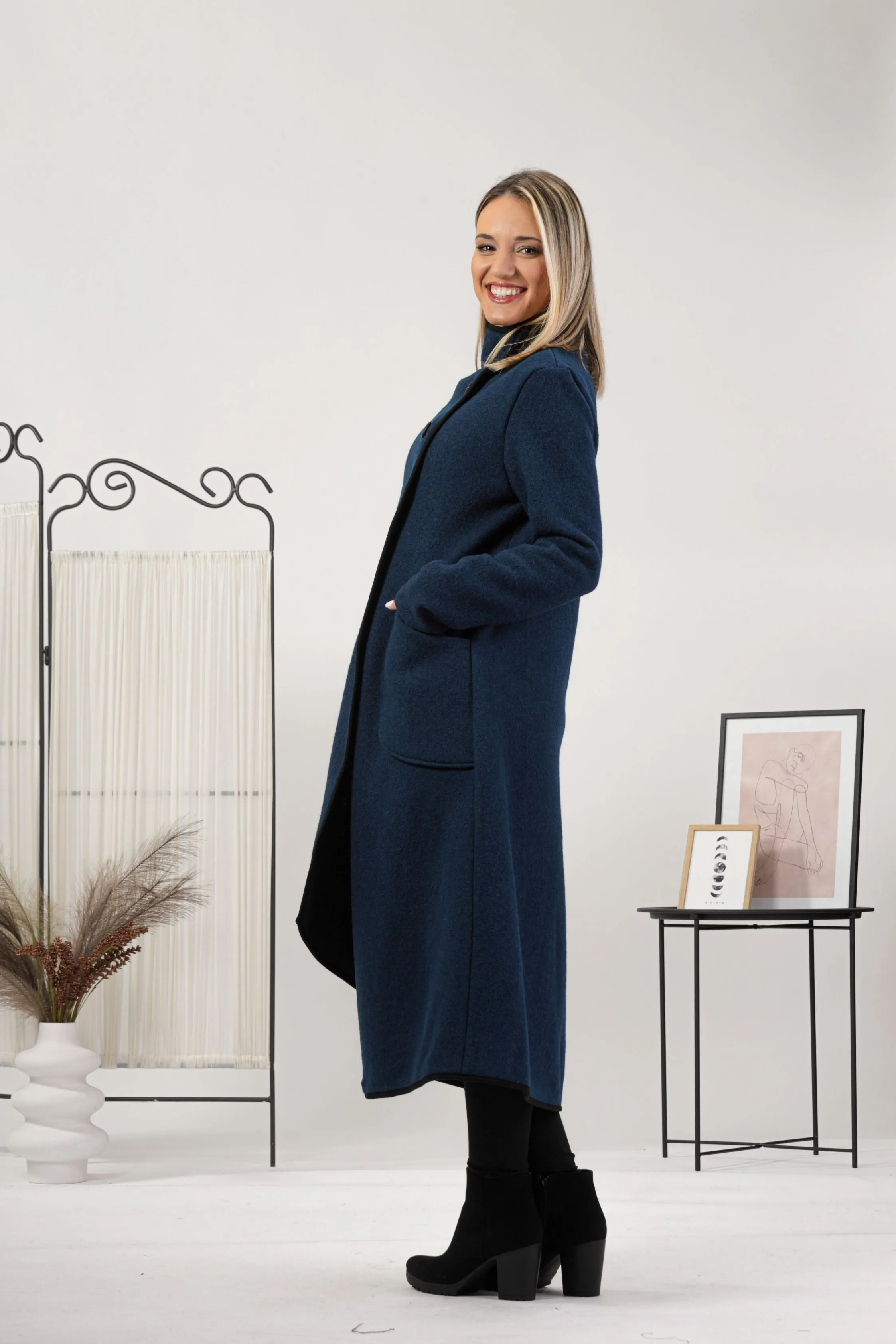 Charcoal Boiled Wool Coat with Pockets