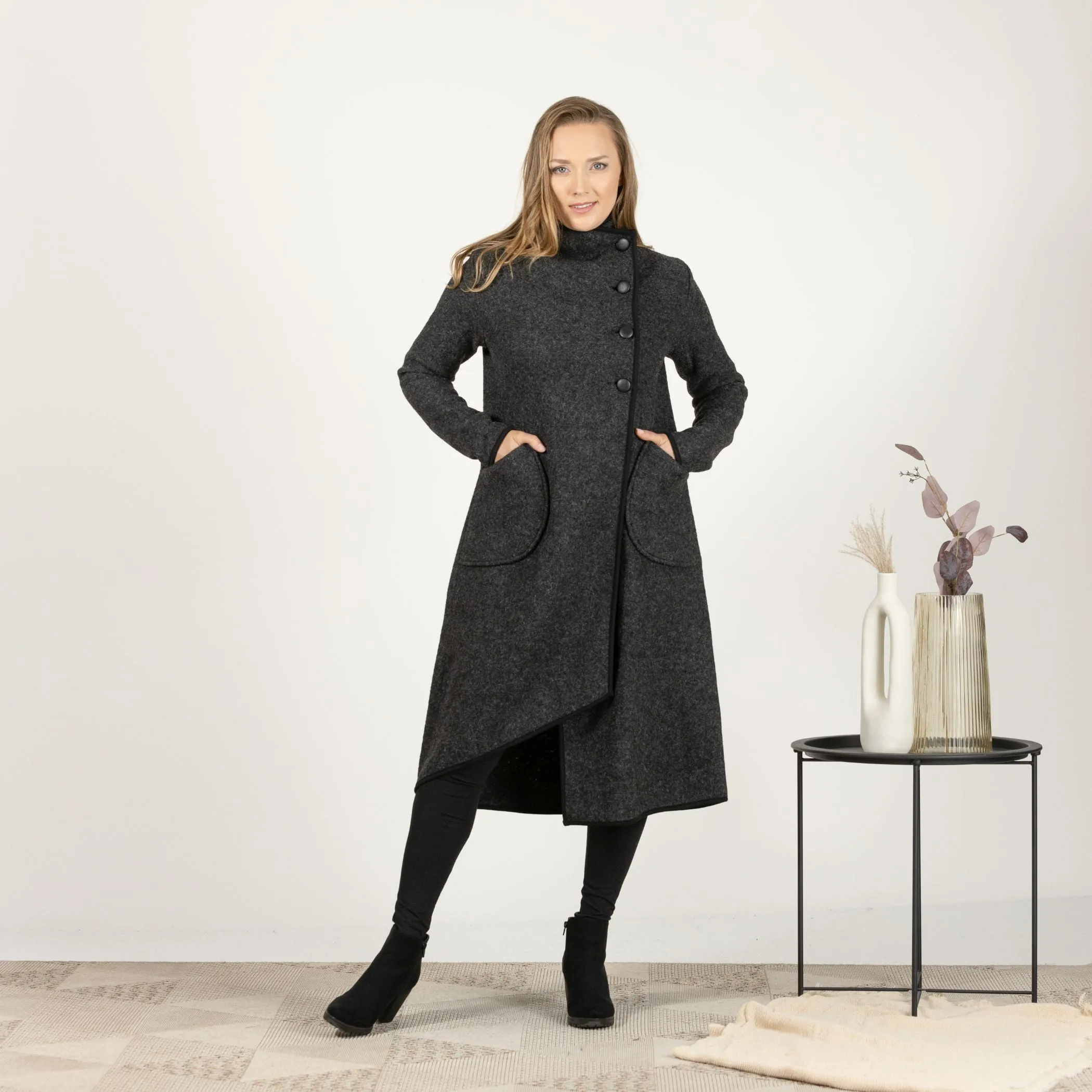 Charcoal Boiled Wool Coat with Pockets