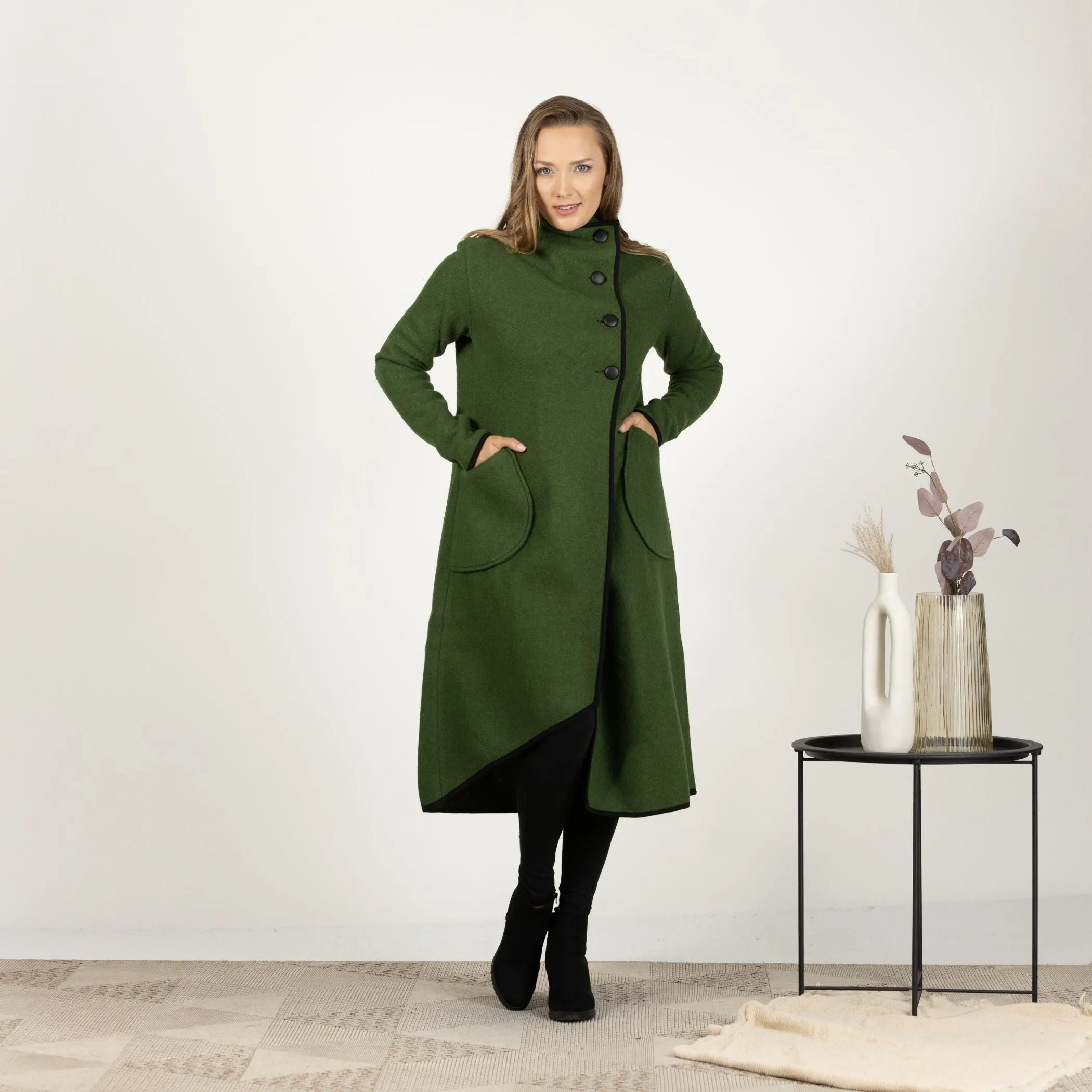 Charcoal Boiled Wool Coat with Pockets
