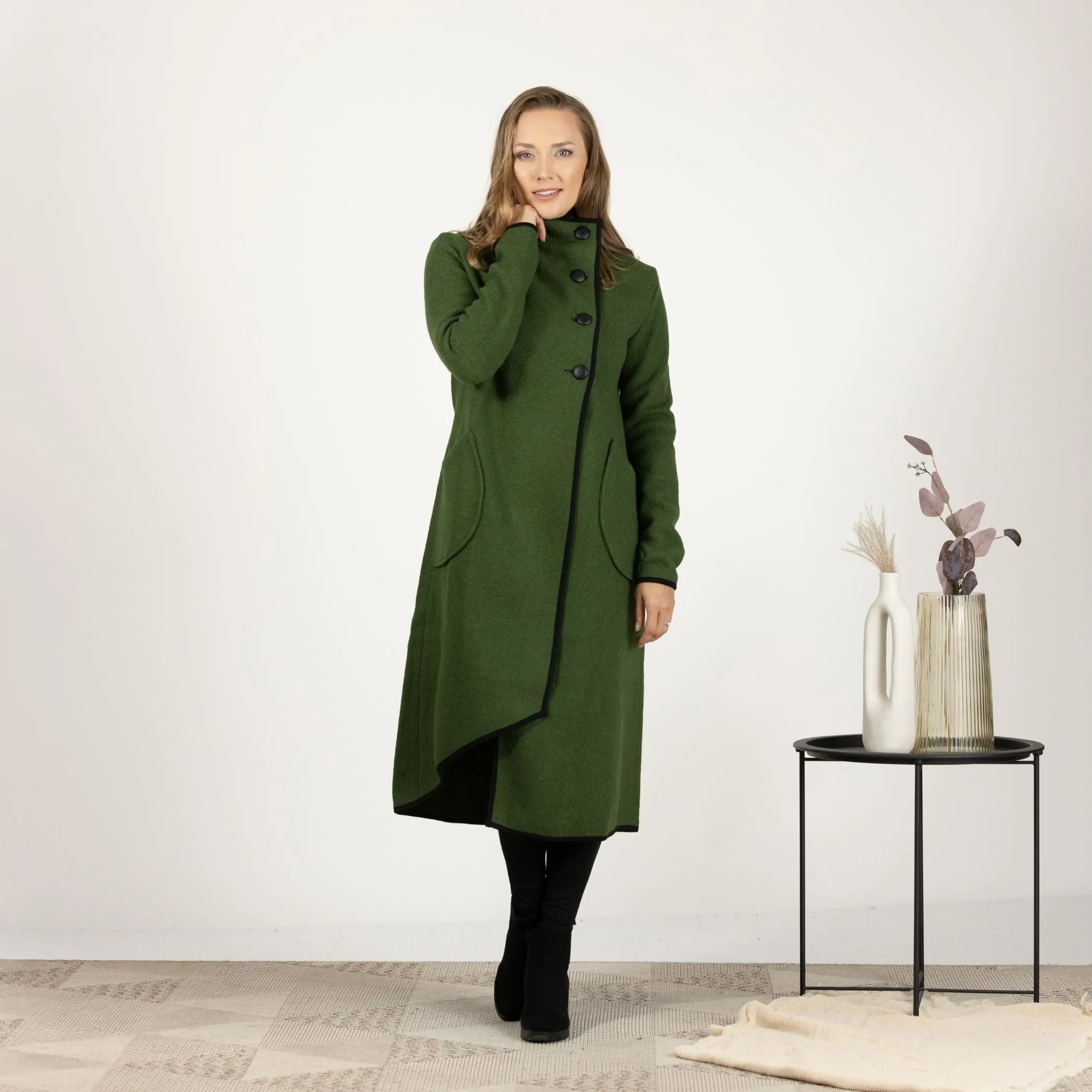 Charcoal Boiled Wool Coat with Pockets