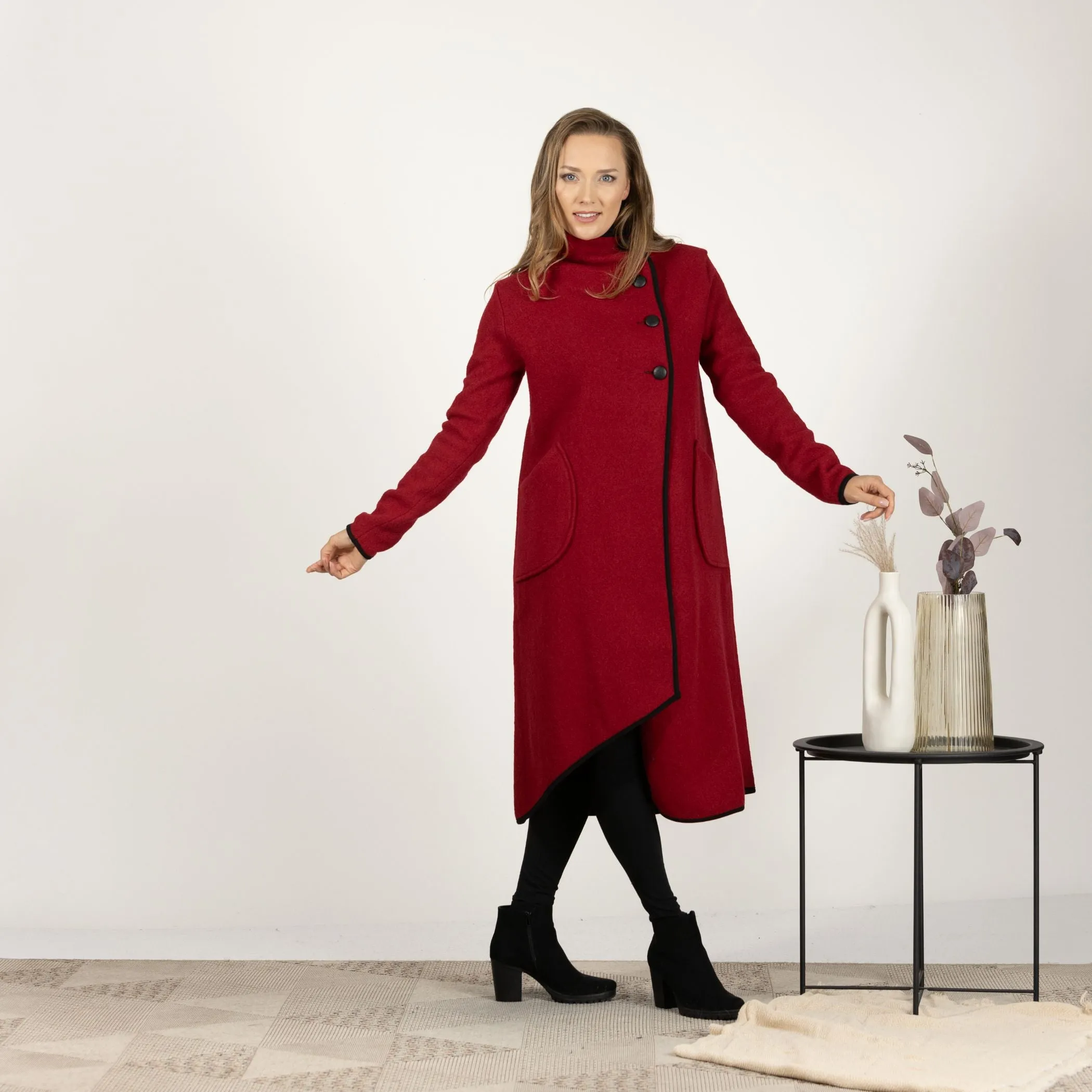 Charcoal Boiled Wool Coat with Pockets
