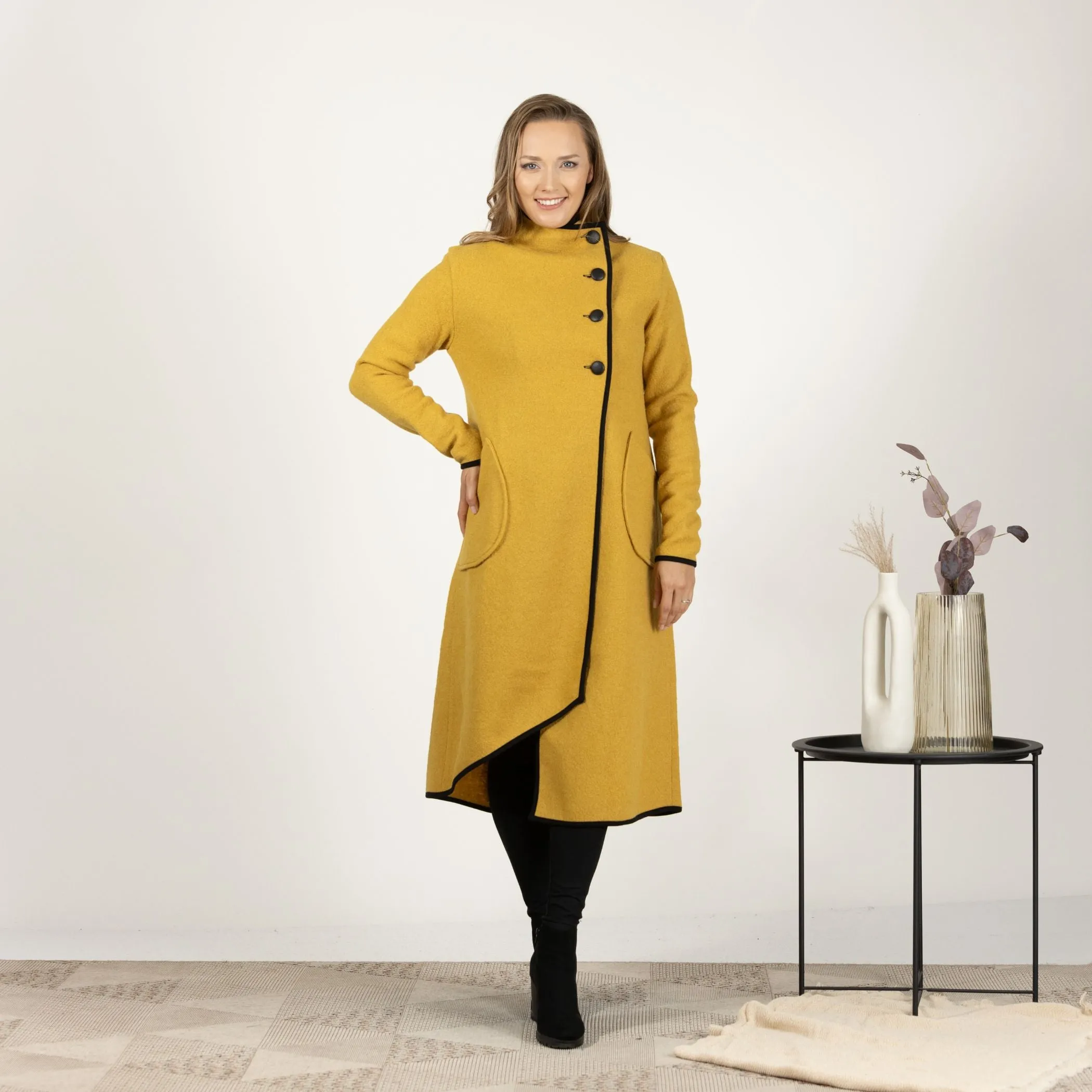 Charcoal Boiled Wool Coat with Pockets