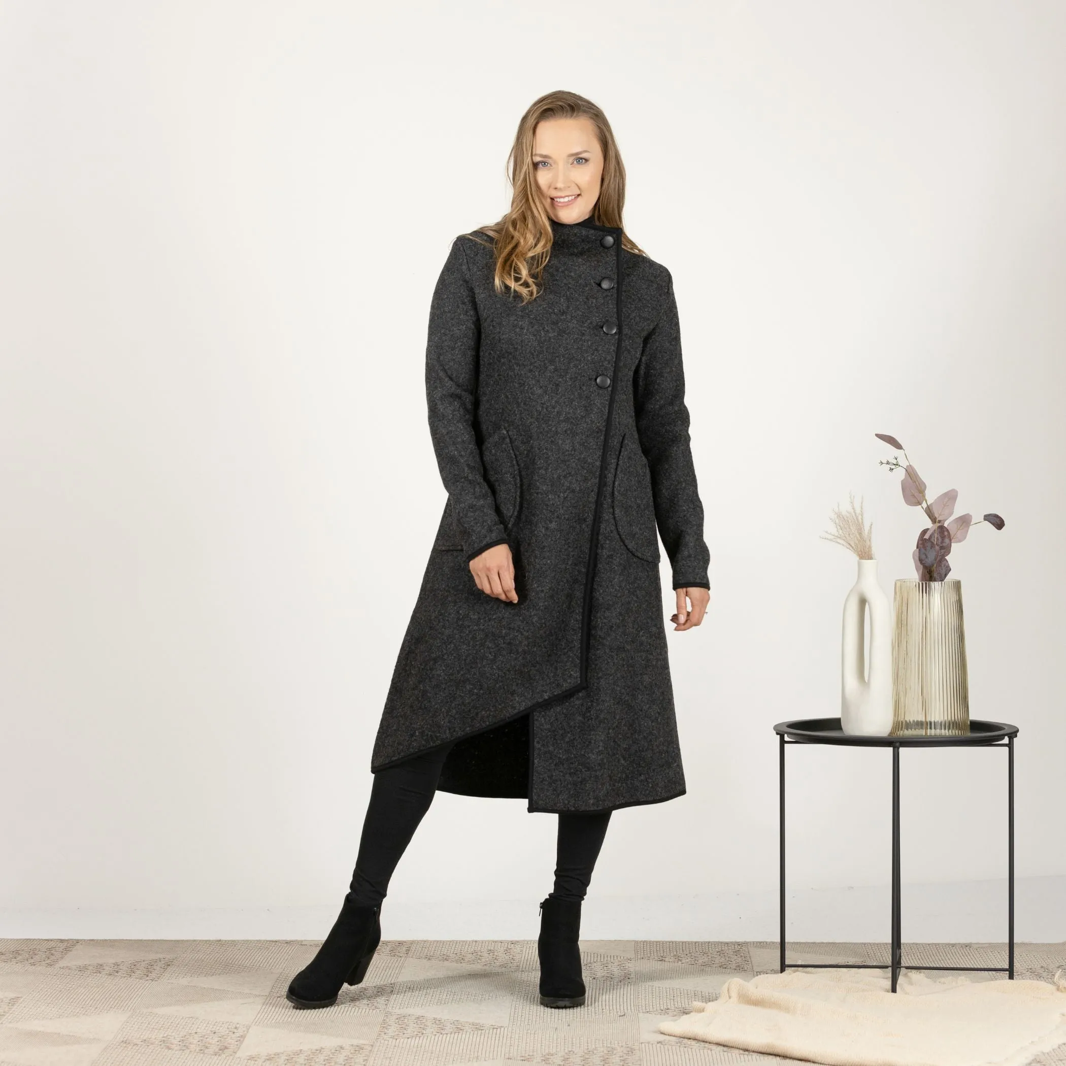 Charcoal Boiled Wool Coat with Pockets